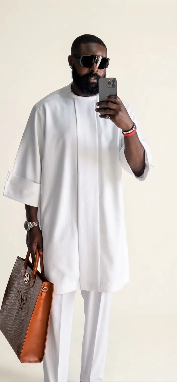 Executive Pure White Two-Piece Kaftan | Tailored High-Neck Tunic & Trousers