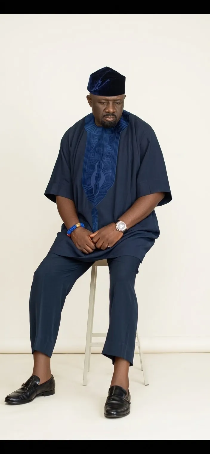 Imperial Navy Blue Two-Piece Kaftan | Intricate Chest Embroidery & Matching Cap