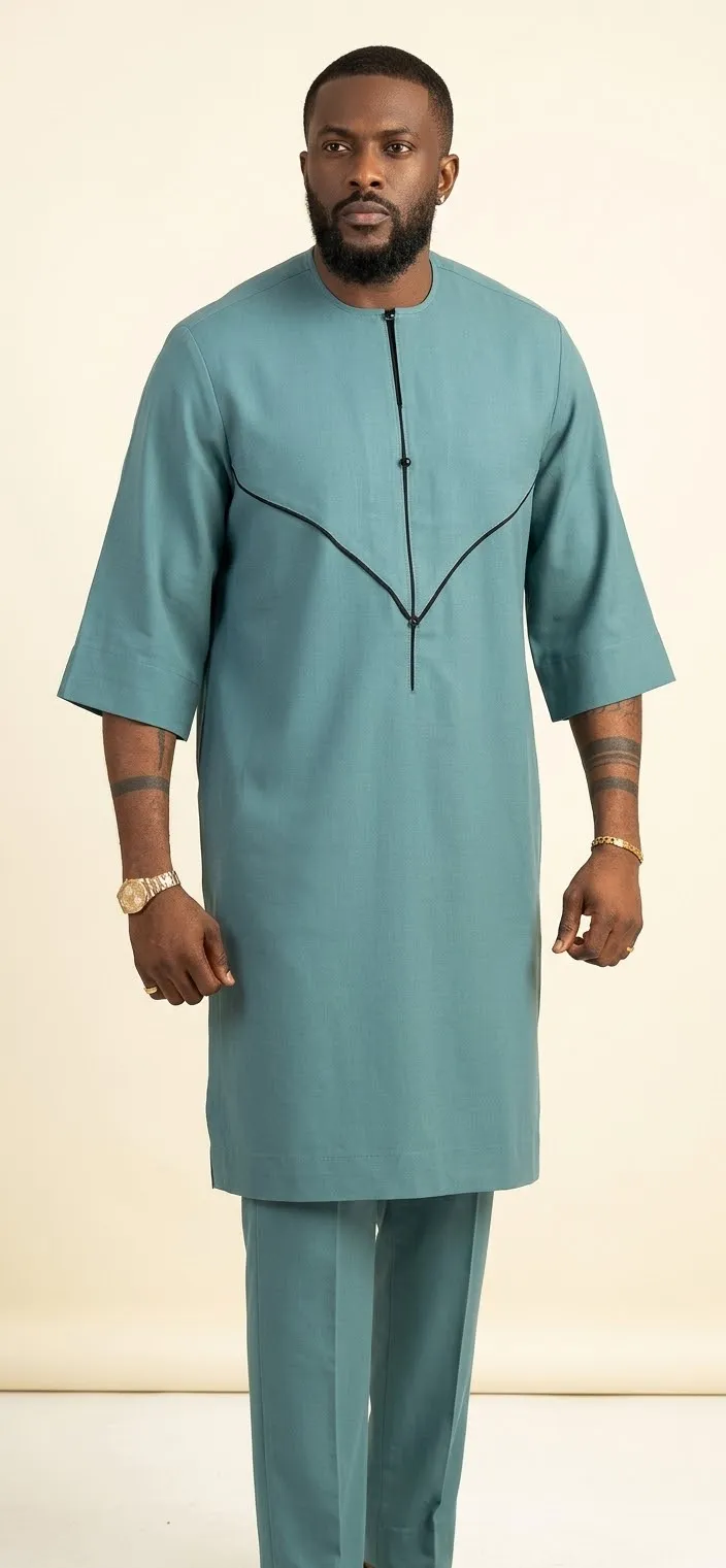 Men's Teal Green African Kaftan Set – Black V-Piping Trim