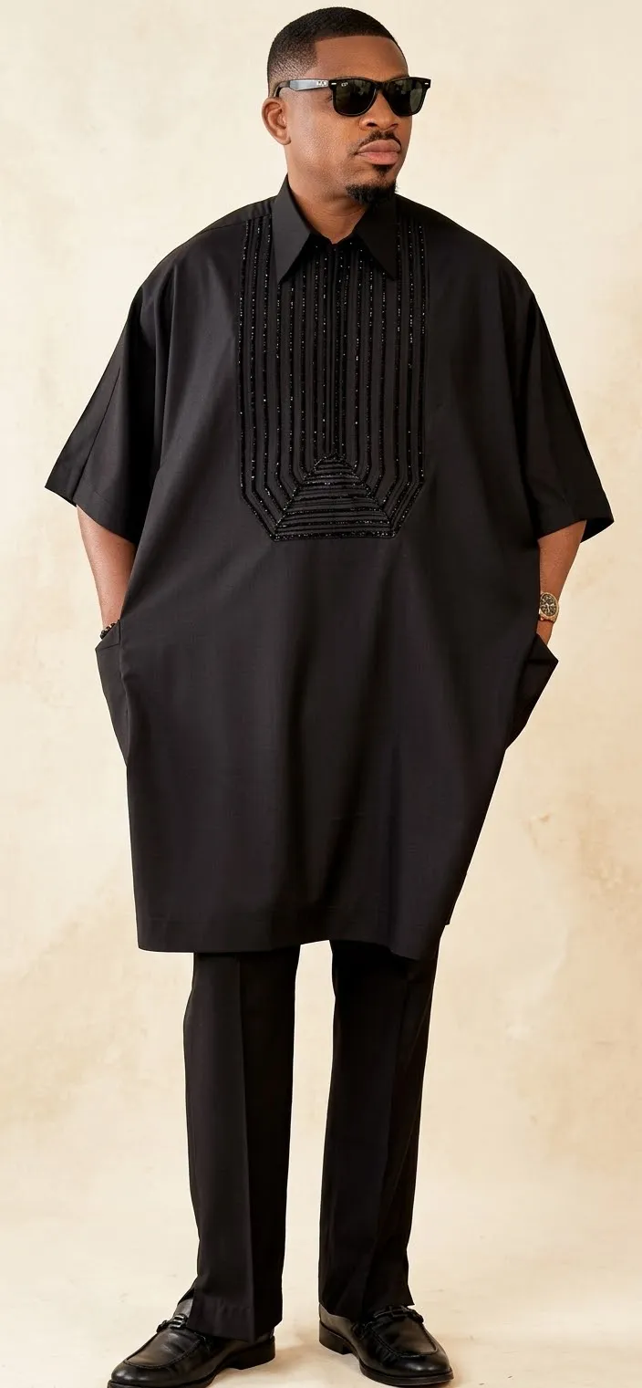Men's Modern All-Black Agbada Set – Geometric Beaded Chest Embroidery
