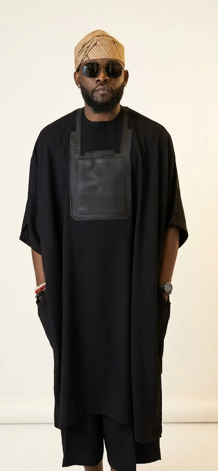 Men's Modern All-Black Kaftan Set – Textured Leather Chest Bib Accent