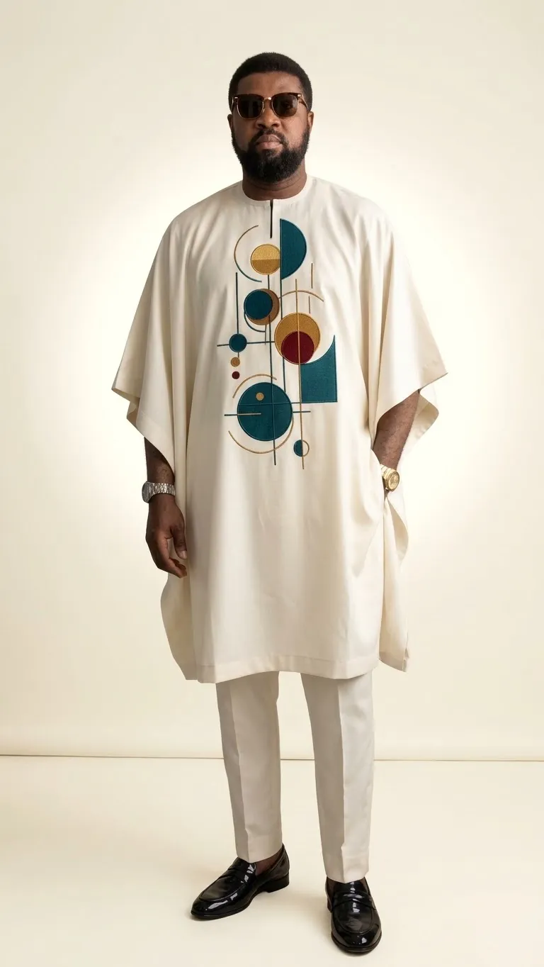 Men's Cream & Gold Geometric Embroidered African Kaftan Set