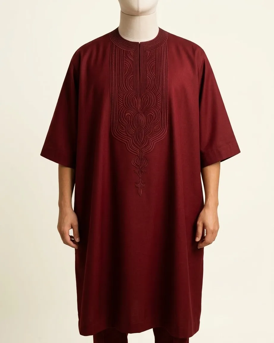 Men's Burgundy Moroccan Kaftan Set – Intricate Tonal Chest Embroidery