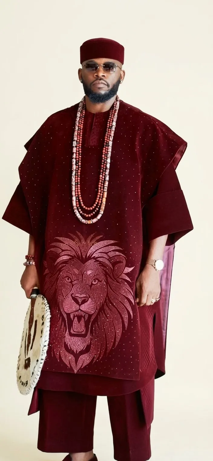 Men's Burgundy Regal Agbada Set – Embroidered Lion Motif