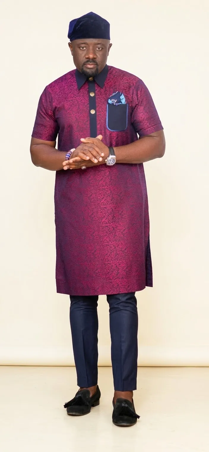 Men's Patterned Burgundy Senator Kaftan Set – Black Contrast Trim