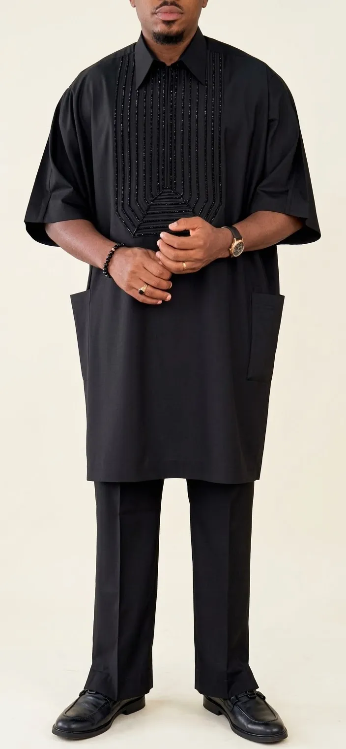 Men's Modern All-Black Danshiki Set – Vertical Pleated & Beaded Chest Accent